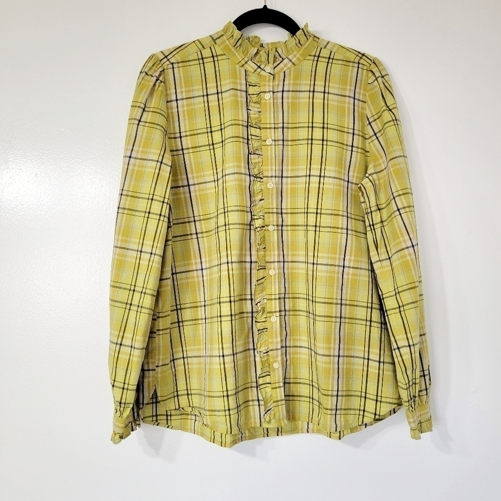 Loft Women's Yellow Plaid Long Sleeve Button Up Ruffle Shirt Size Large - Picture 4 of 12